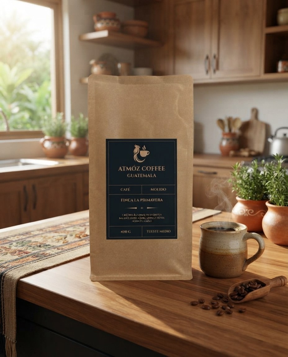 Paquete de café tradicional Atmoz Coffee en una cocina cálida